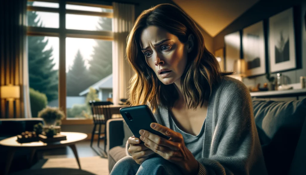 Žena vyděšeně kouká do mobilu