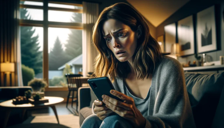 Žena vyděšeně kouká do mobilu